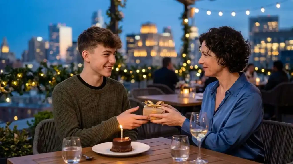 Teenage boy smiling at birthday dinner