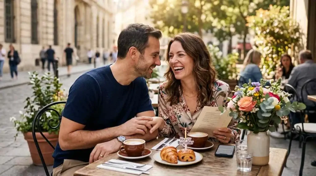 Wife smiling beside husband during birthday celebration