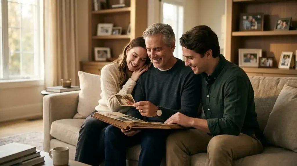 Dad sharing old family photos with children