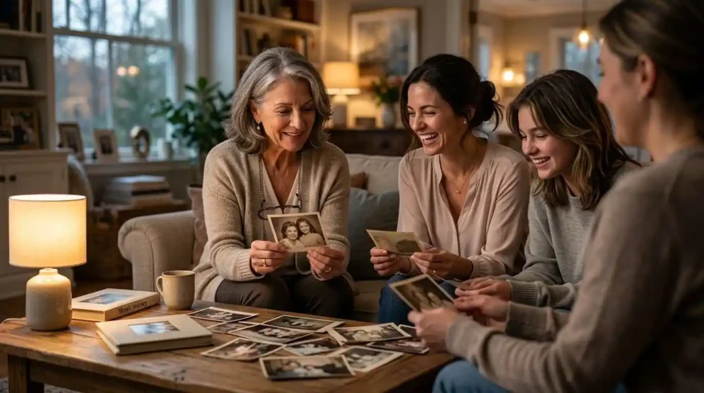Family looking through old birthday photographs