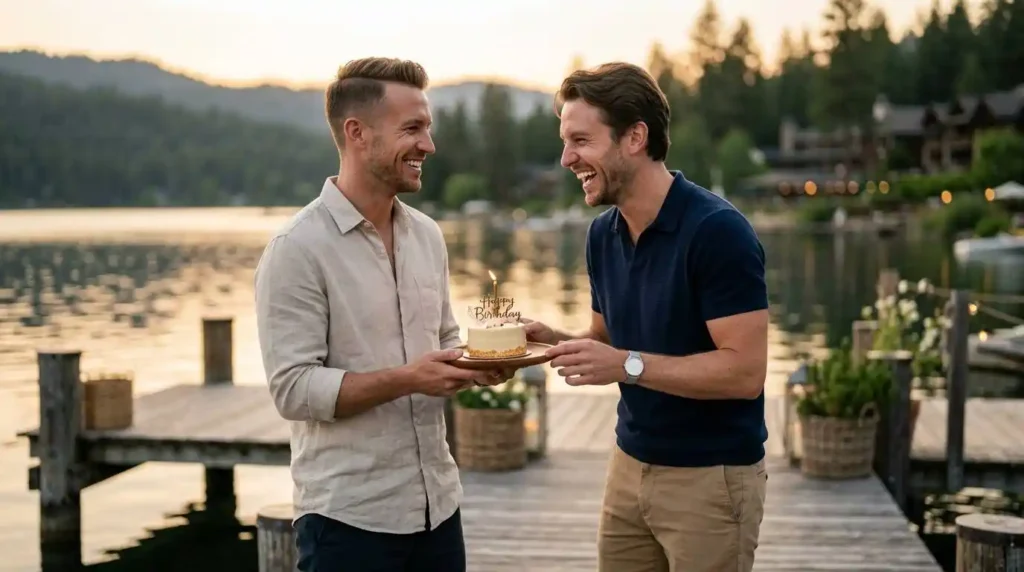 Twin brothers laughing during birthday celebration