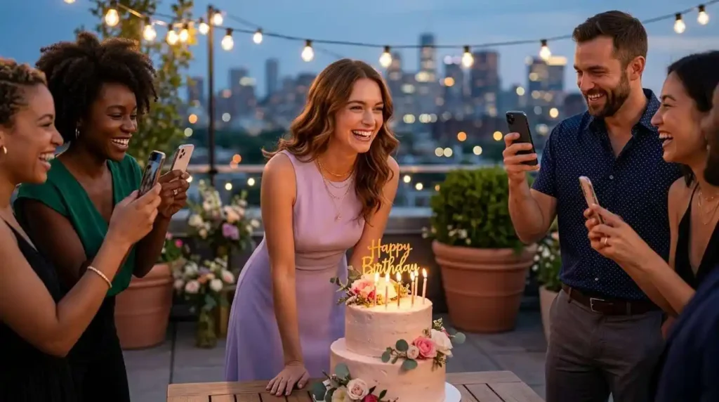 Friends celebrating birthday together outdoors
