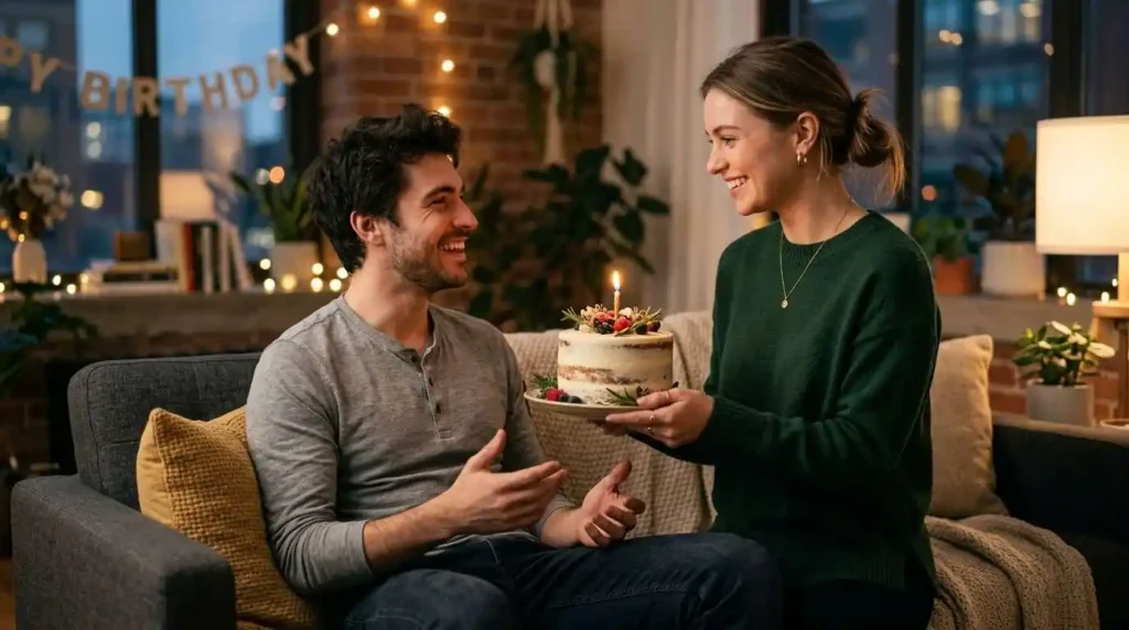 Boyfriend receiving birthday gift from girlfriend