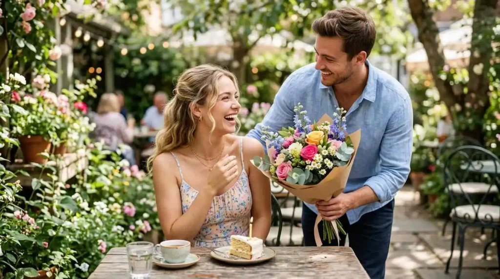 Girlfriend smiling with birthday flowers outdoors