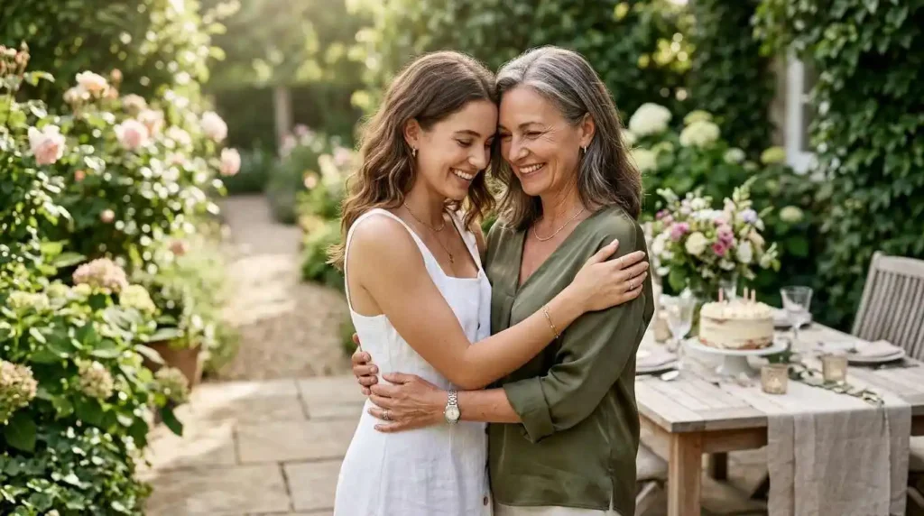 Mother hugging daughter during birthday celebration