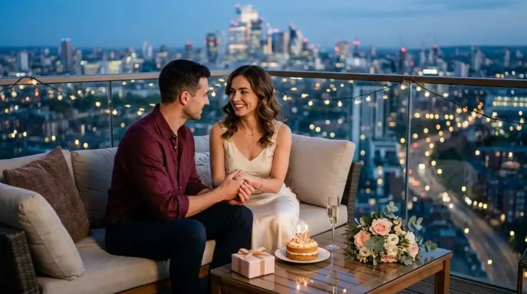 Couple sharing a tender birthday moment
