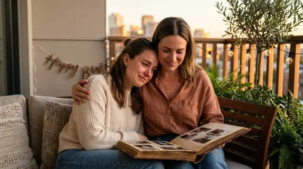 Sisters sharing an emotional birthday embrace