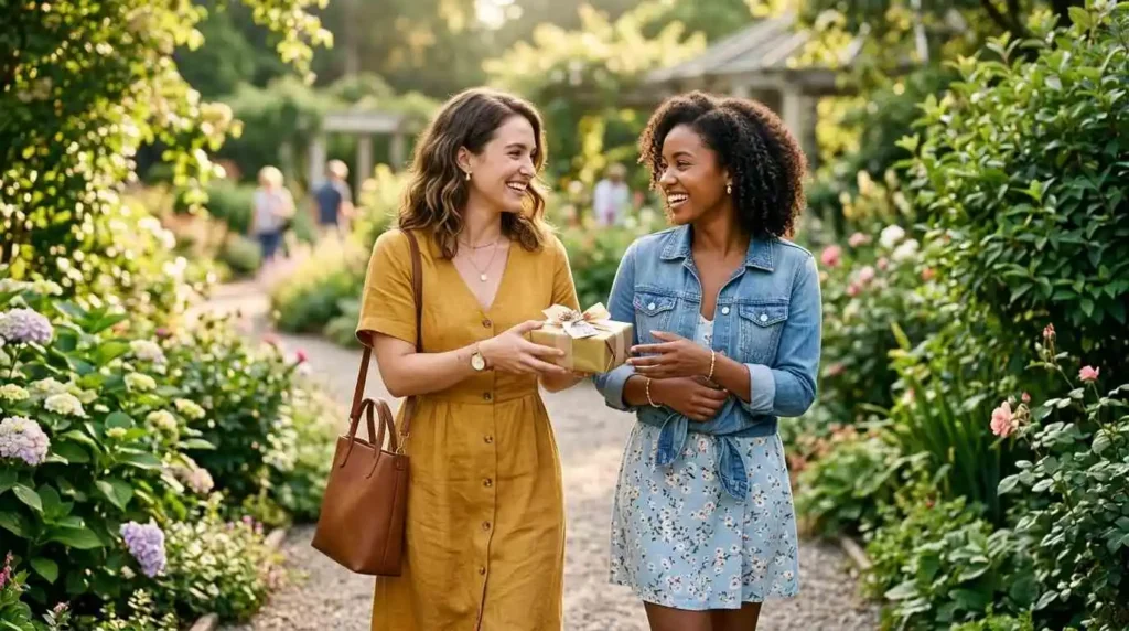 Friends sharing an uplifting birthday moment outdoors