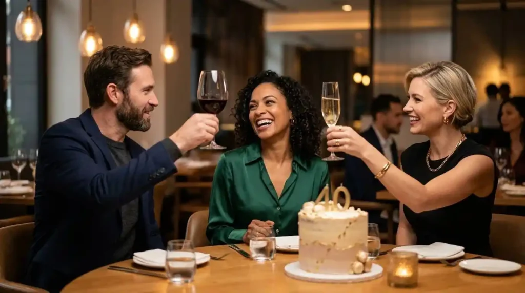 Friends celebrating a milestone birthday together indoors