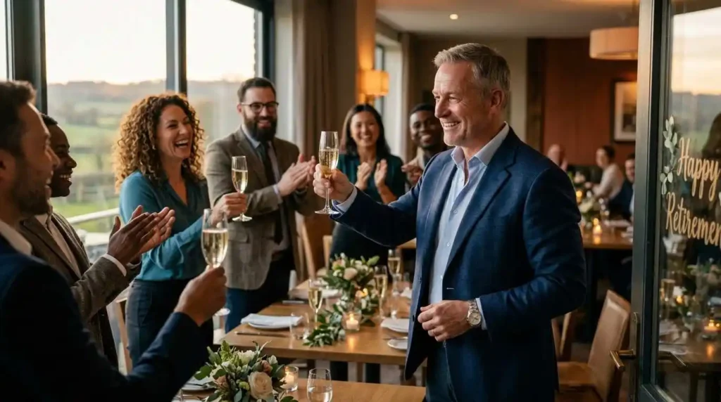 Retiring man celebrating with colleagues
