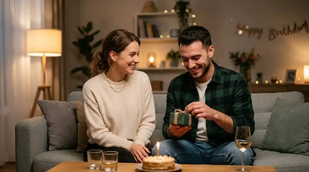 Couple sharing a tender birthday moment
