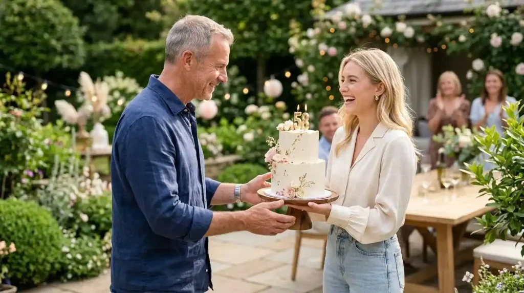 Daughter surprising dad with birthday cake